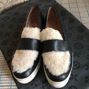 All Black shearling black leather loafers